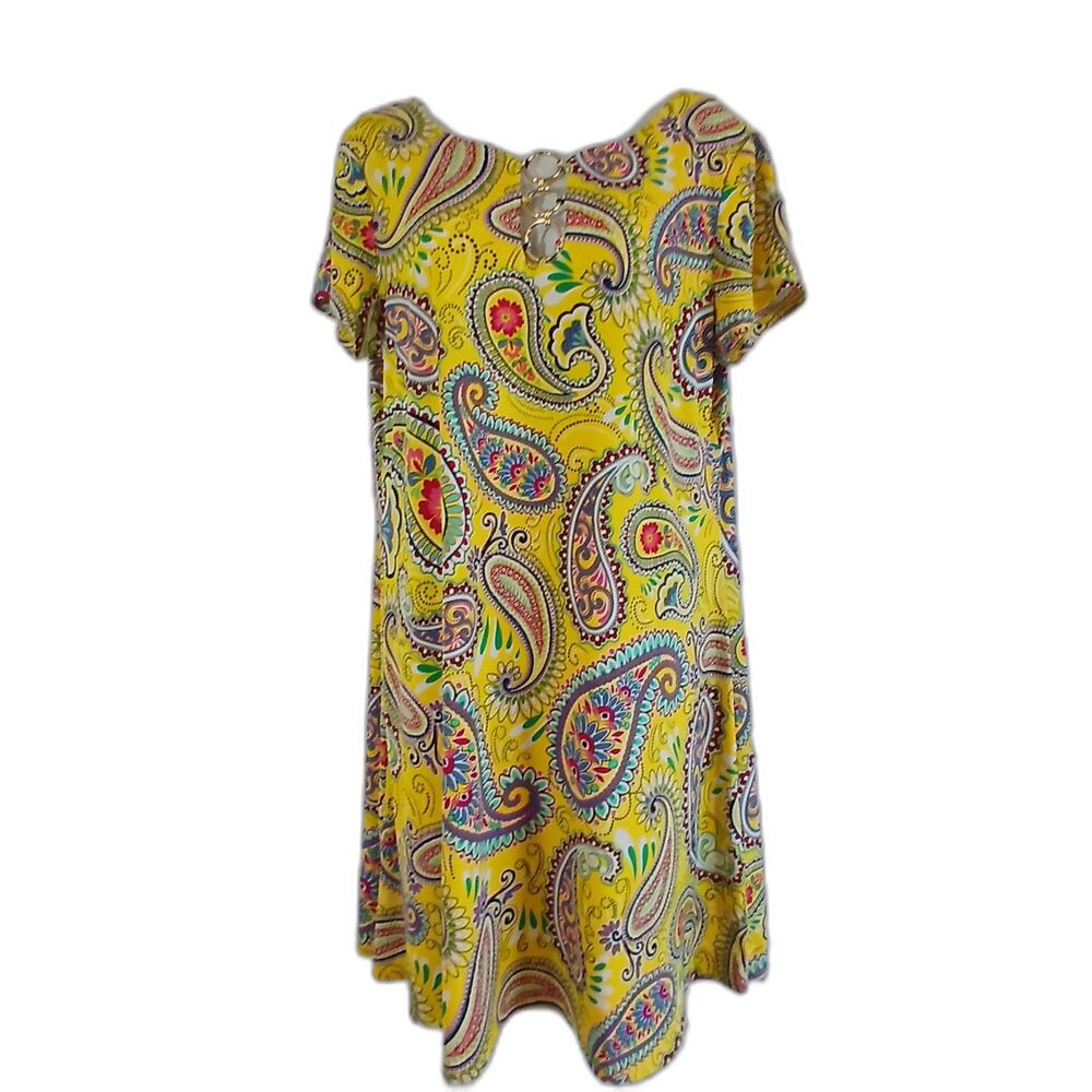 MSK Dress Yellow Short Sleeve Paisley O Ring Jersey Knit Sz L  Boho Retro Casual